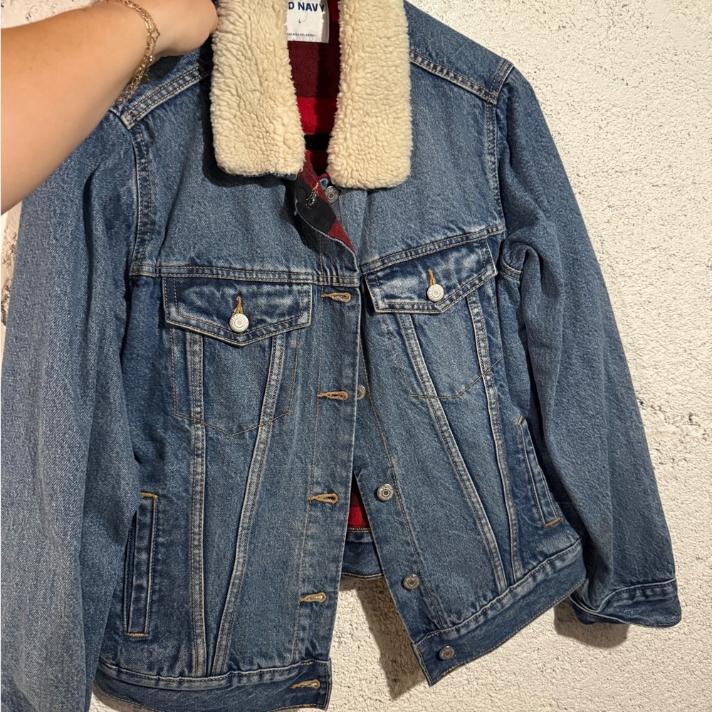 Old Navy Blue Denim Jacket with Cream Sherpa Collar